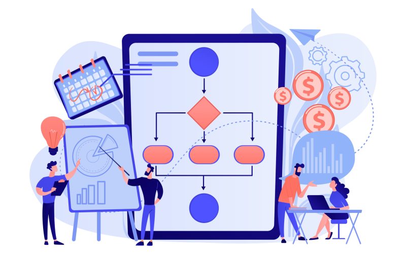 Businessmen work with improvement diagrams and charts. Business process management, business process visualization, IT business analysis concept. Pink coral blue vector isolated illustration