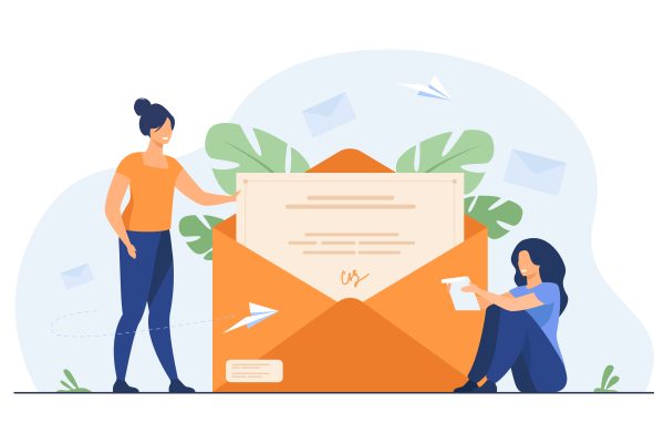 Woman receiving mail and reading letter. Person getting contract with signature out of envelope. Flat vector illustration for email, message, communication concept